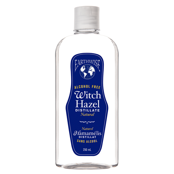 Clear bottle of witch hazel with a blue label