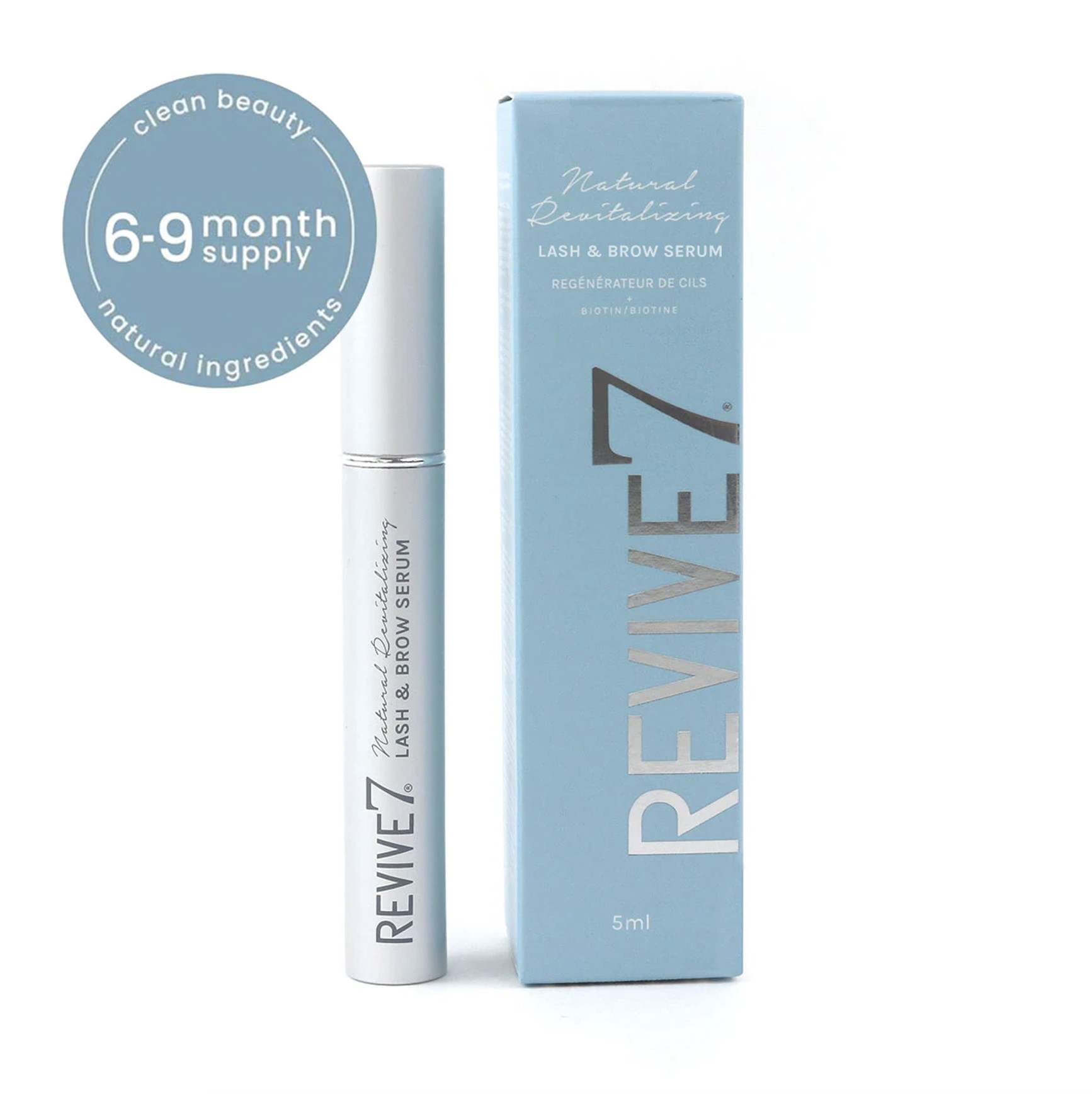 Silver tube of revive 7 next to a blue product box