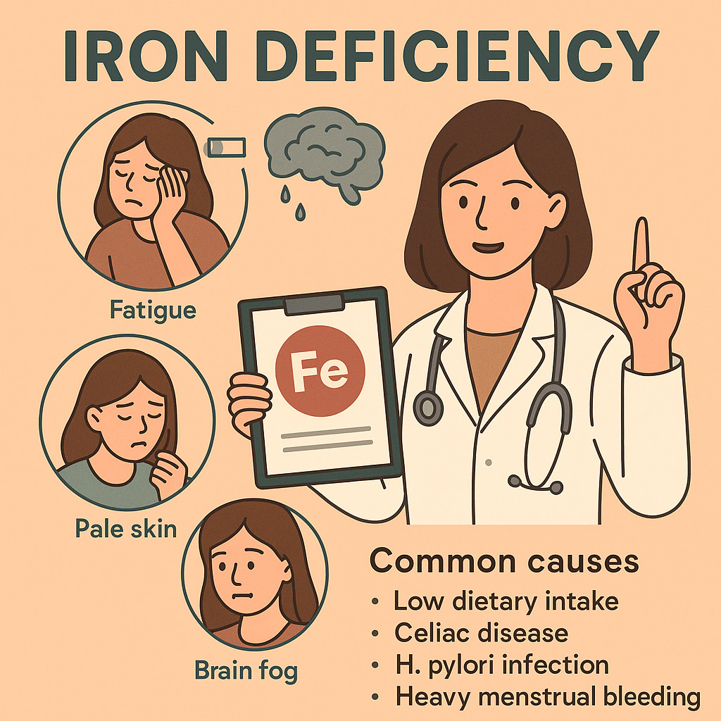 Naturopathic infographic showing causes and symptoms of iron deficiency such as fatigue, brain fog, and pale skin.