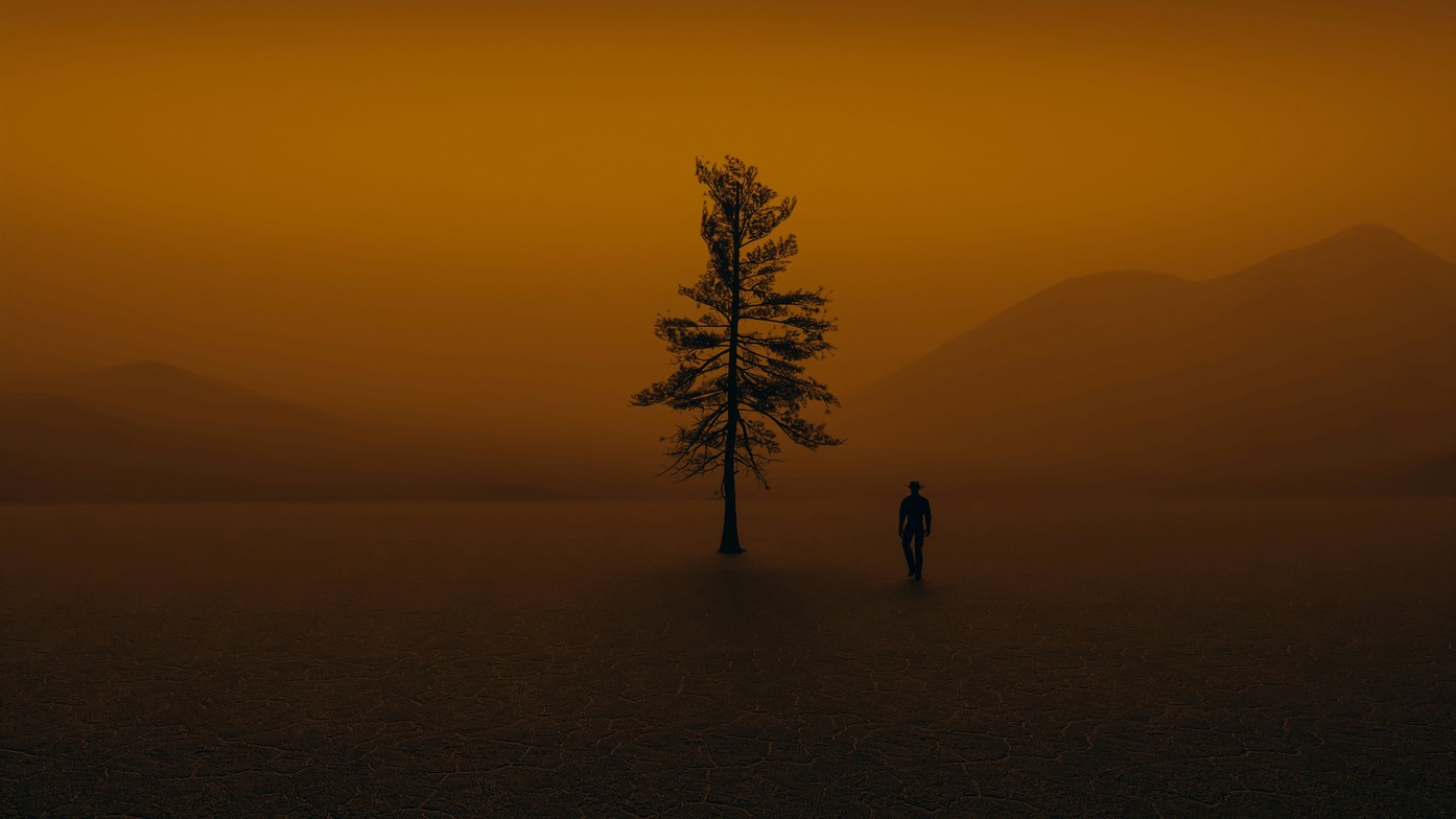 A solitary figure walks across a barren landscape toward a lone tree, silhouetted against an orange-toned sky. The stark scene conveys isolation, survival, and the search for resilience.”