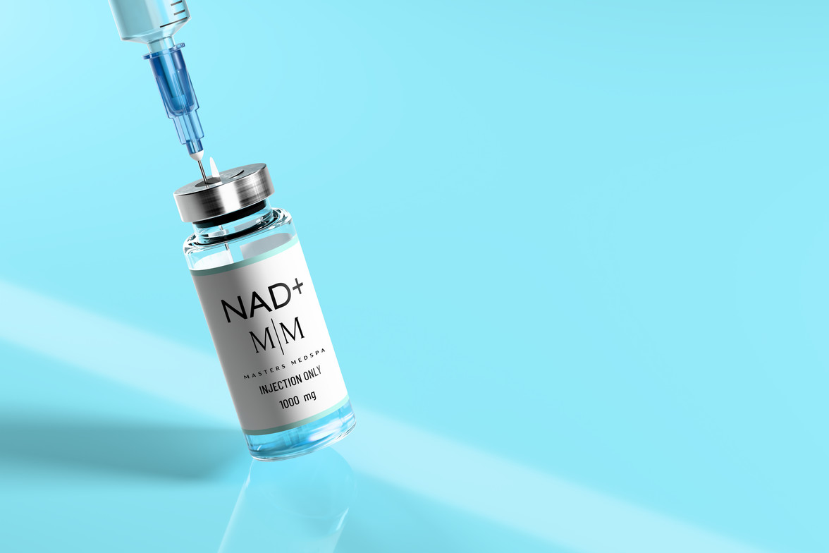 NAD+ injection vial labeled Masters Medspa - located in Irvine California – high-quality peptides and wellness treatments.
