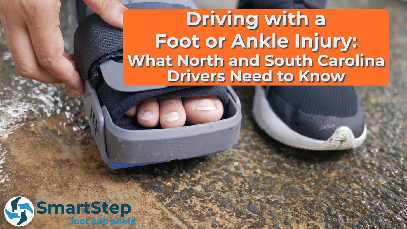 Photo of a foot in a podiatric boot with text