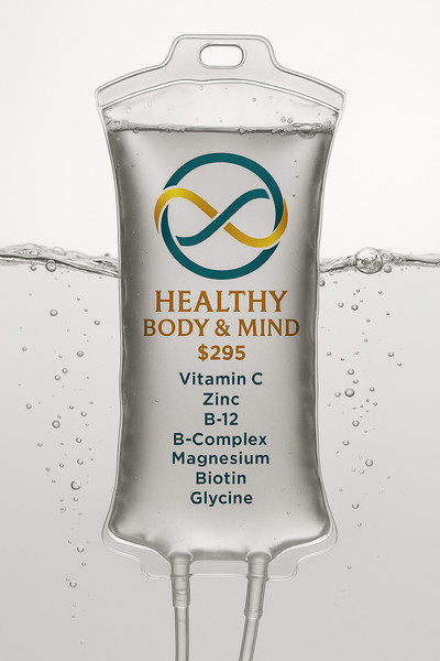 Healthy Body & Mind IV drip bag from Equivalence Wellness containing vitamin C, zinc, glutathione, B-12, B-complex, magnesium, biotin, and glycine — mobile IV therapy in Denver and the Front Range for energy, recovery, and overall wellness.