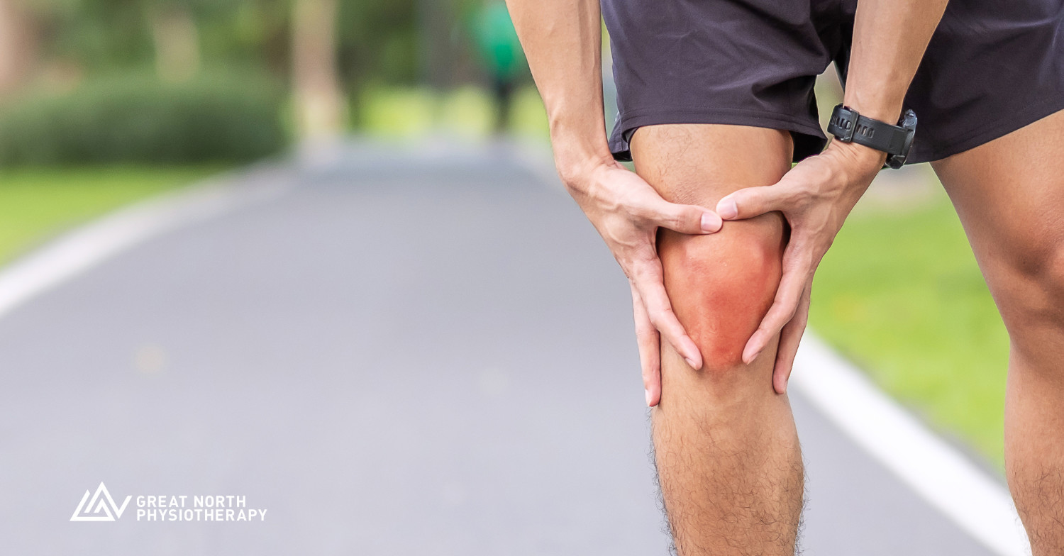 Knee pain while running, showing inflammation below the kneecap — often linked to patellar tendinopathy. Great North Physiotherapy specializes in knee injury rehab, sports physio, and pain management in Niagara Region.