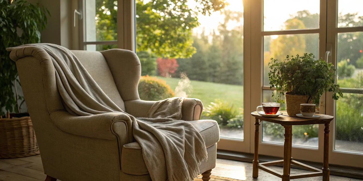 Comfortable armchair in a peaceful room, ideal for platelet rich plasma recovery time.