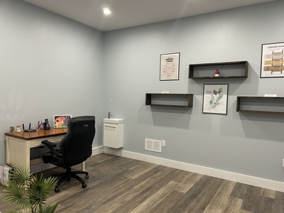 inside the office showing shelving and the therapists desk