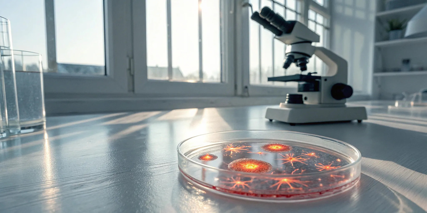 Wharton's jelly mesenchymal stem cells in a petri dish being studied in a laboratory.