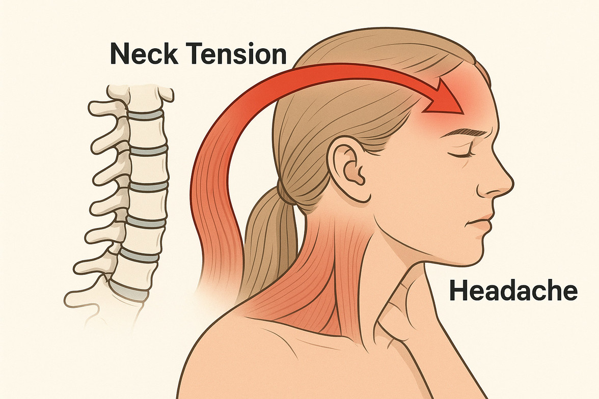 Illustration showing how neck tension and cervical spine irritation can trigger headaches by referring pain upward toward the forehead