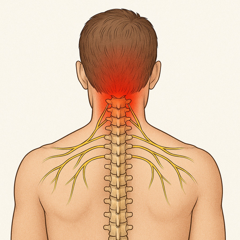 Posterior anatomy illustration showing cervical spine, nerve pathways, and referred neck pain distribution.