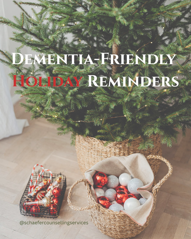 Simple Christmas tree and baskets of decorations, representing mindful, gentle holiday experiences for families and individuals with dementia.