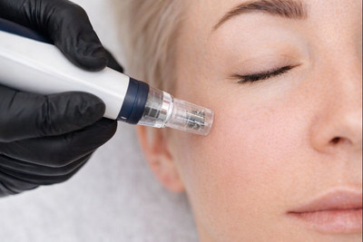 Close-up of microneedling treatment being performed with a professional device in a calm clinical setting.