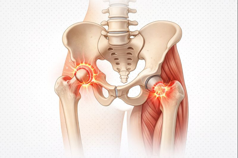 Hip joint anatomy diagram showing common causes of popping and clicking hip pain treated with chiropractic care