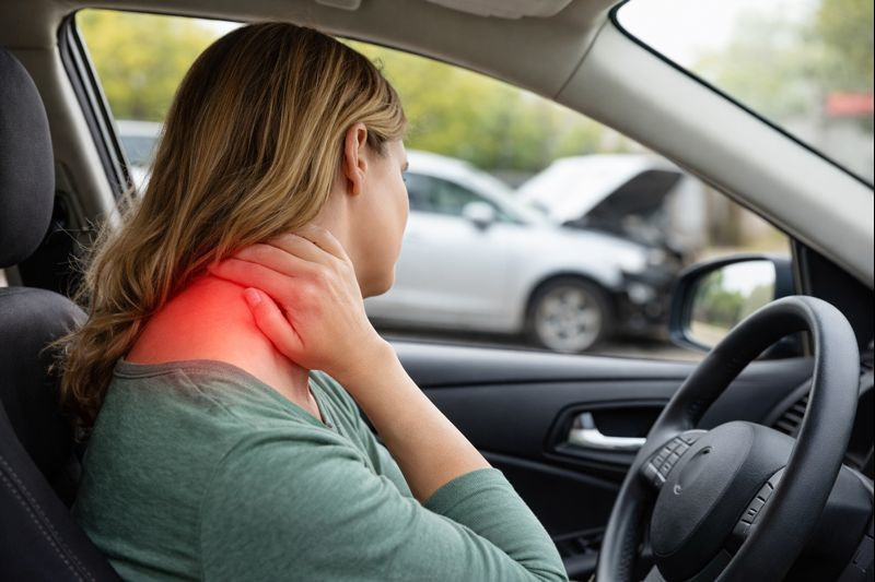 Adult driver seated in a car with subtle red highlight over the neck area indicating discomfort