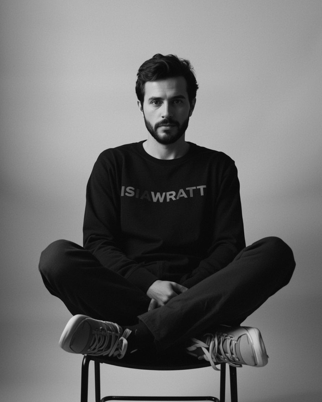 guy sitting on a chair crossed legged 