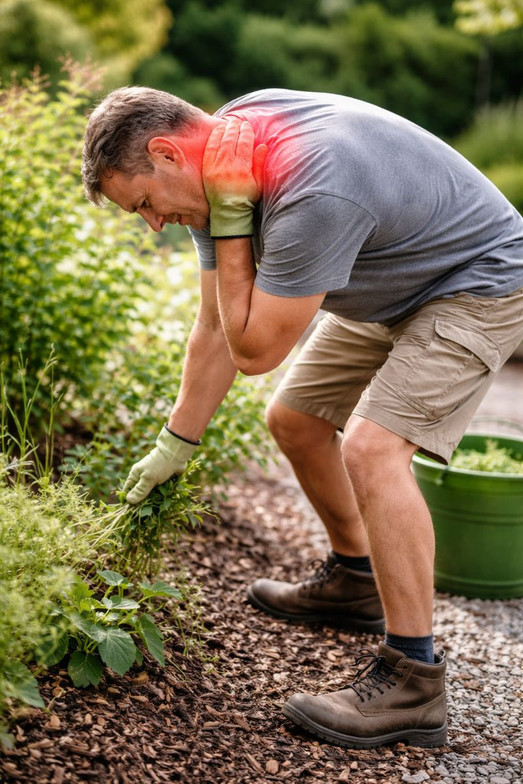 Overhead landscaping work with subtle red highlight at the neck