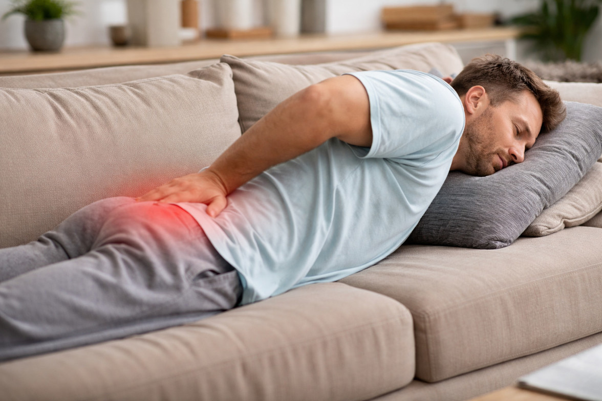 Adult sleeping on a couch in a side position with subtle lower back discomfort highlighted