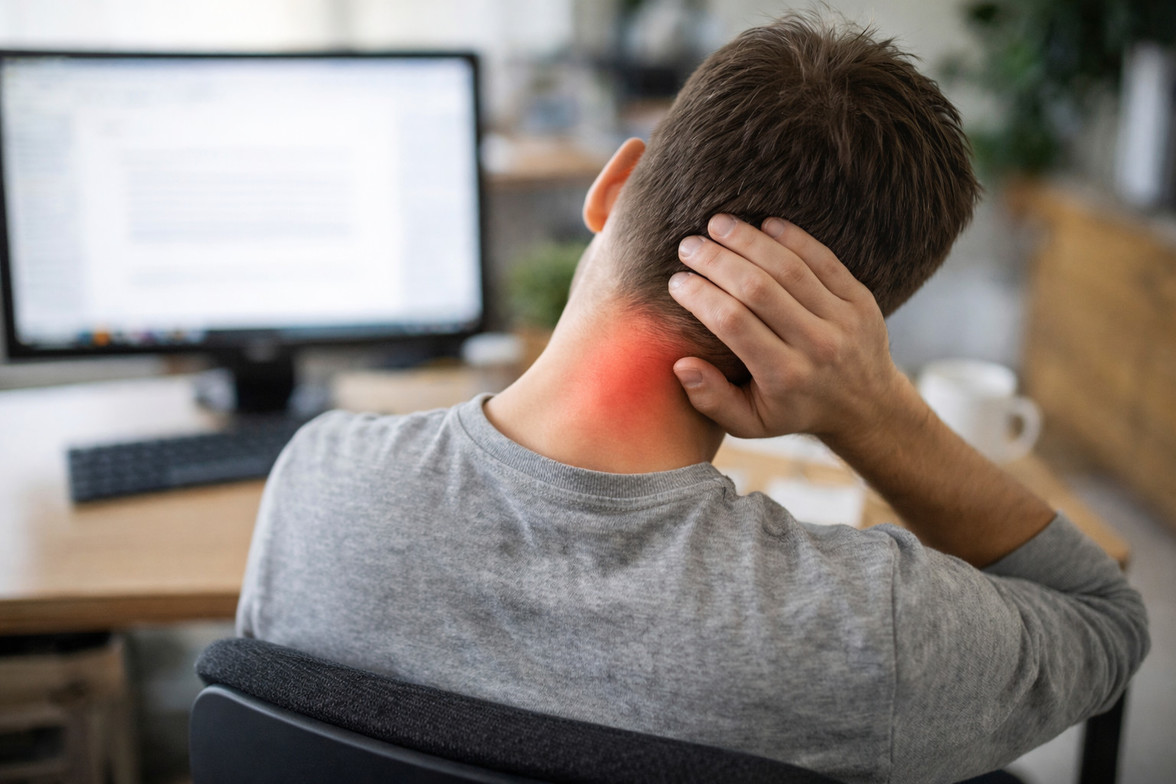 Person stretching neck at desk with subtle red highlight at base of skull