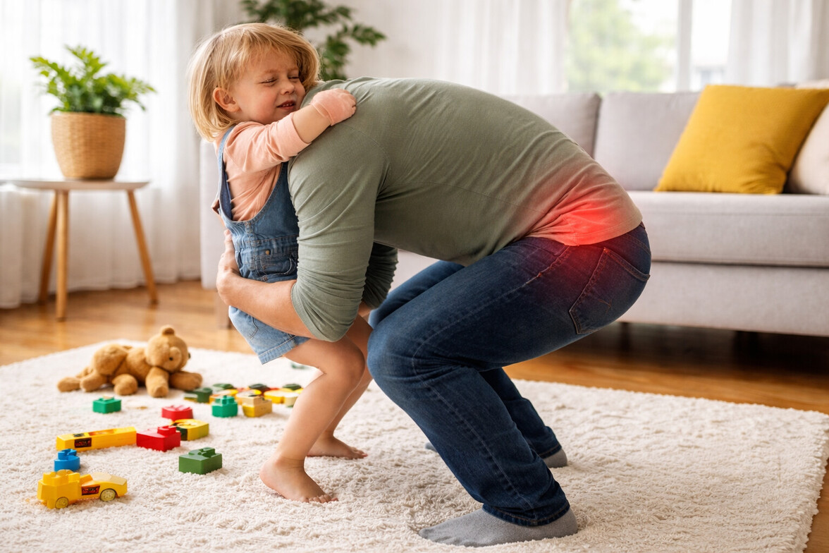 Parent lifting child with subtle red highlight on lower back