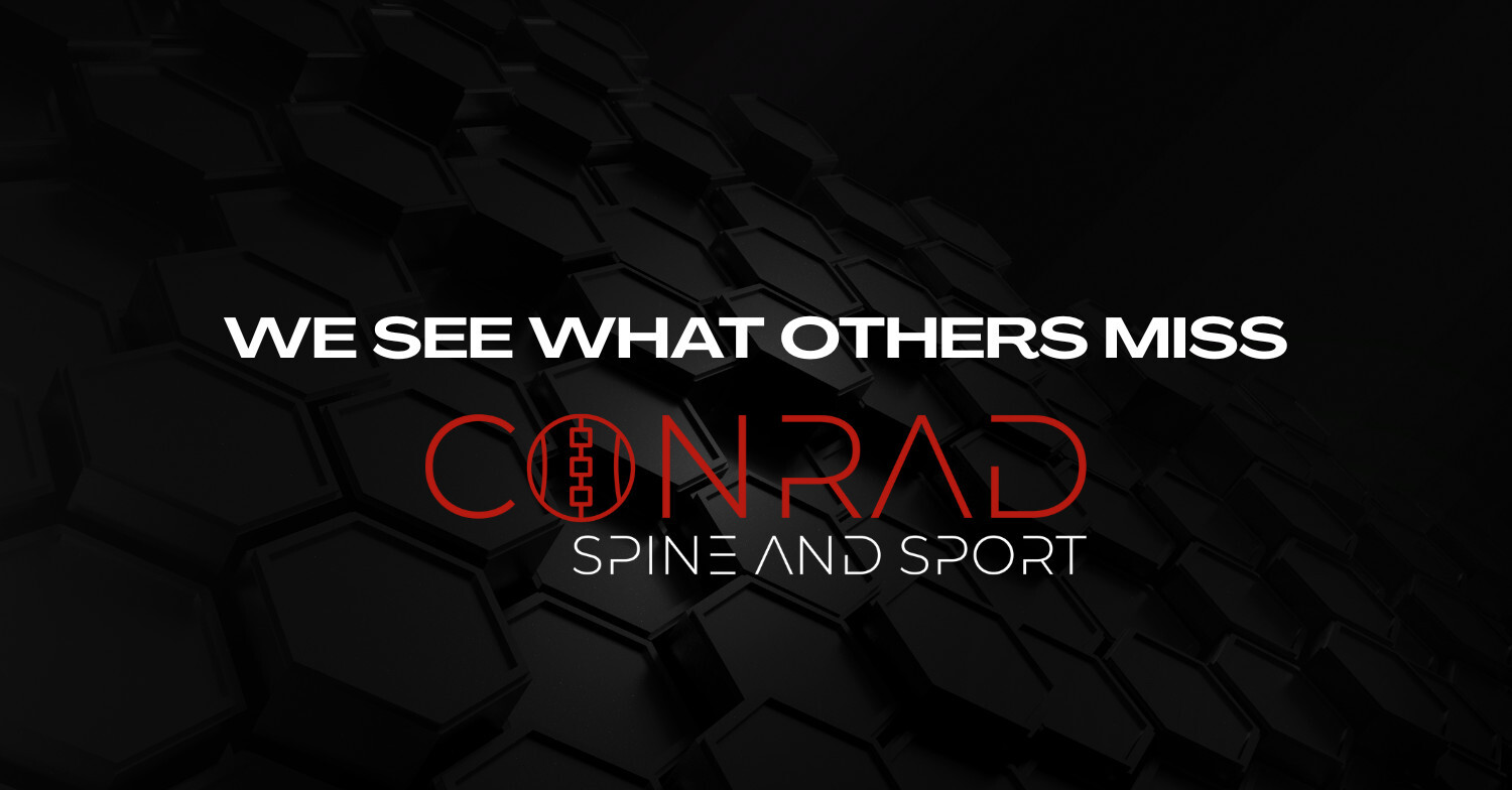 Black hexagon background with bold white text reading “We See What Others Miss” above the red and white Conrad Spine and Sport logo.