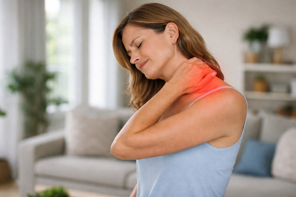 Adult working at a desk with subtle red highlight over upper trapezius area
