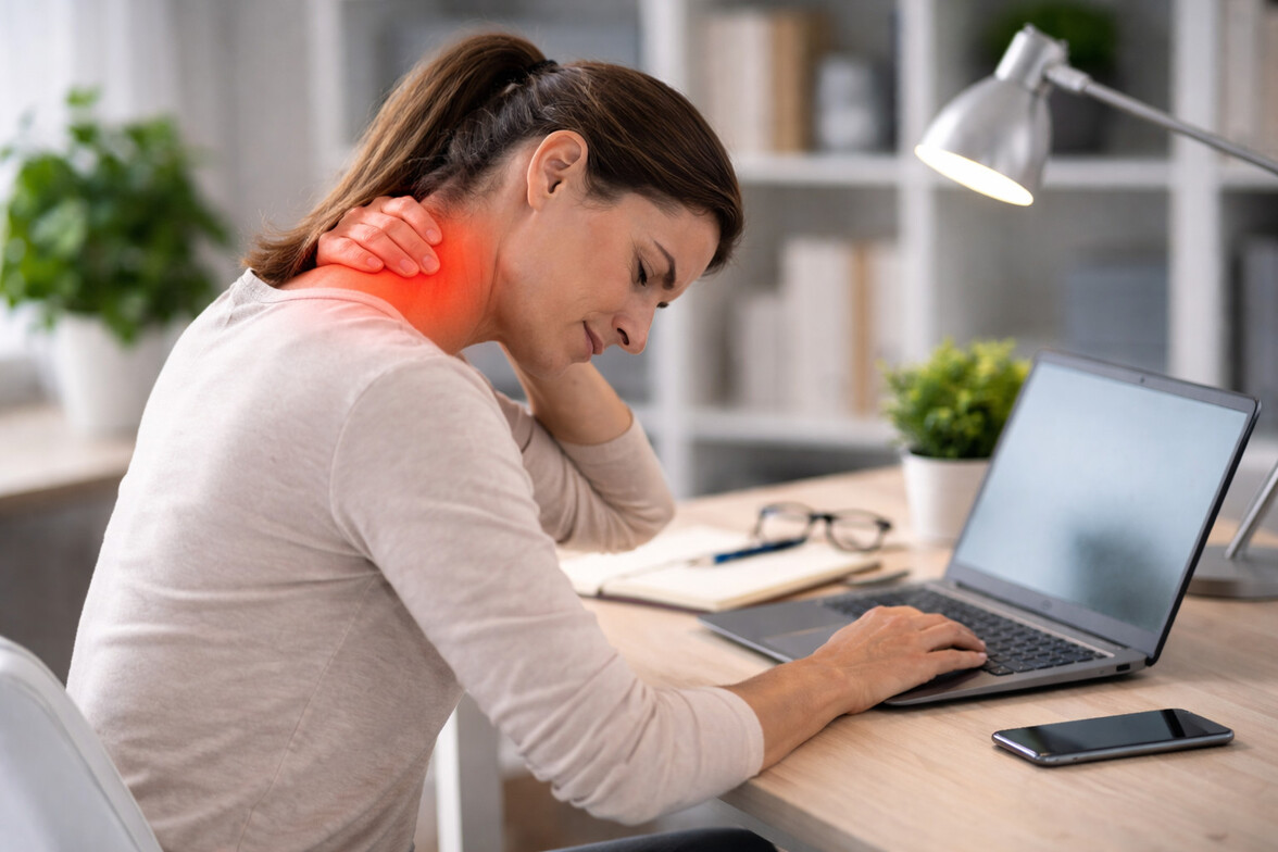 Adult working at a desk with subtle red highlight at the lower neck