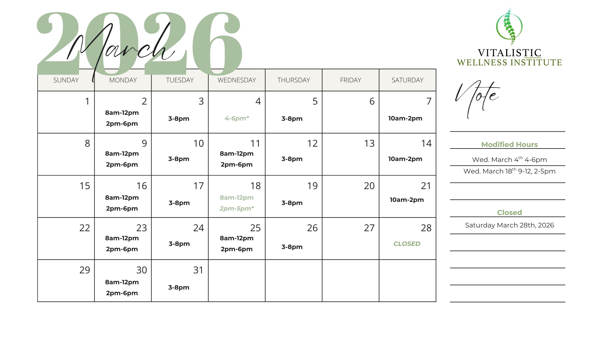 Vitalistic Wellness March 2026 Calendar