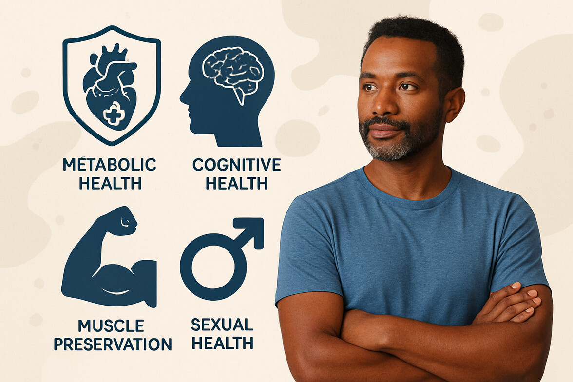 Confident middle-aged biracial man with short gray hair and a slight smile, wearing a blue t-shirt. Surrounded by illustrated icons representing metabolic health, brain function, muscle strength, and sexual health on a soft beige abstract background