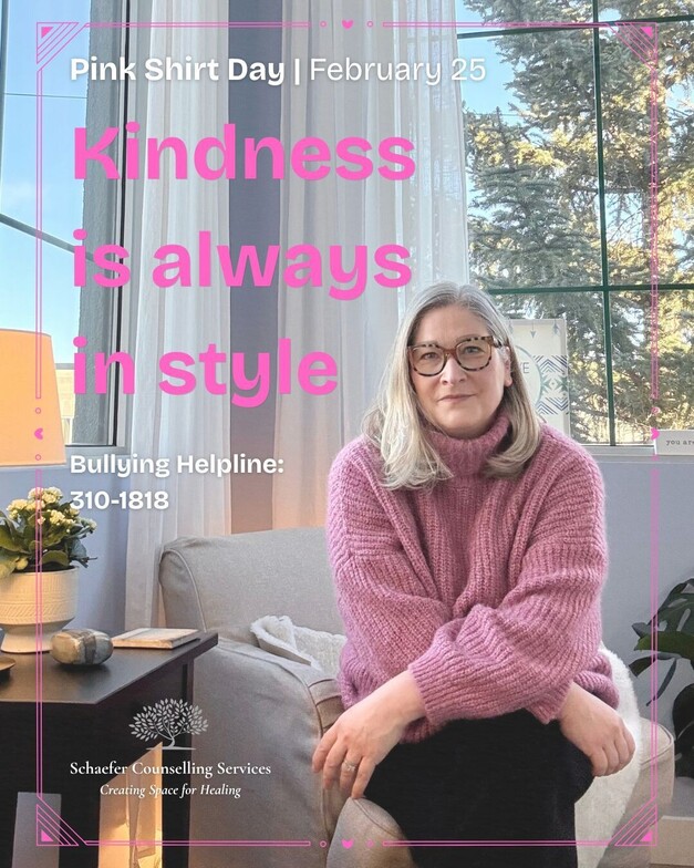 Kindness is always in style” text on a pink background for Pink Shirt Day promoting kindness and mental wellbeing.