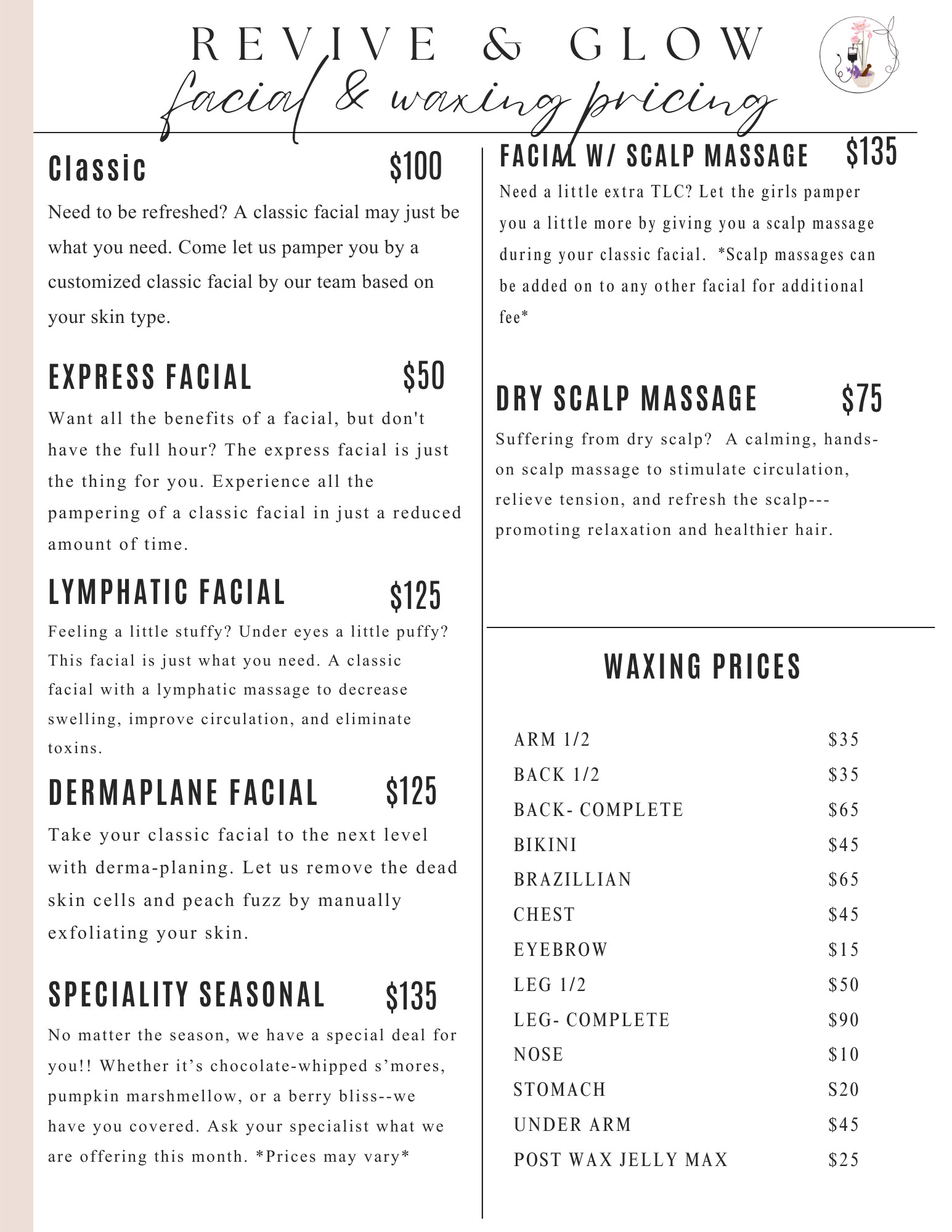 Facial Pricing Revive & Glow