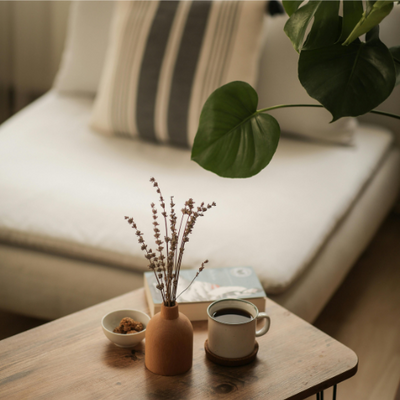 Black coffee on a coffee table with a plant and couch in the background blurred out