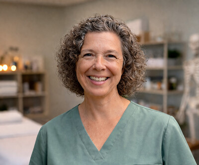 Acupuncturist, tai chi instructor wearing scrubs in the clinic
