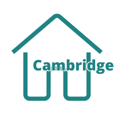 Teal outline of a house with the word ‘Cambridge’ in bold text across the centre with transparent background