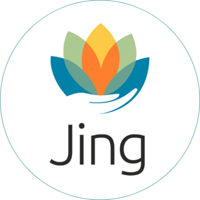 Circular logo featuring a stylised lotus flower in teal, green, yellow, and orange above a curved hand shape, with the word ‘Jing’ written below in black