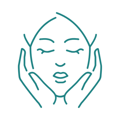 Teal icon of a face gently supported by two hands, on a transparent background