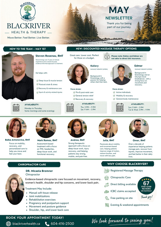 Blackriver Health & Therapy May newsletter showing RMT team, chiropractic care with Dr. Micaela, discounted massage therapy options, and appointment availability in Burnaby.