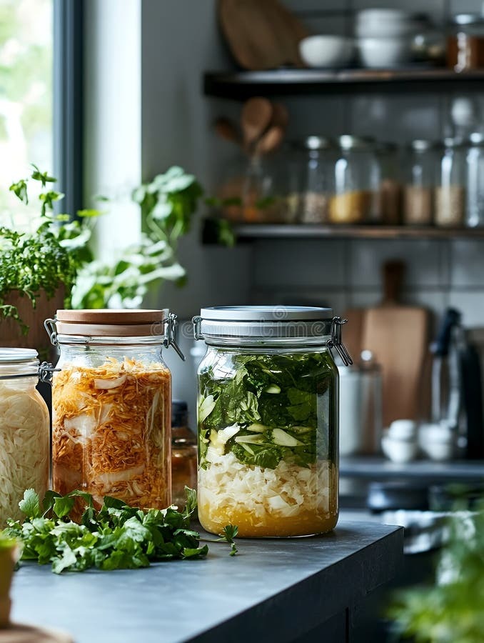 variety-colorful-fermented-vegetables-glass-jars-kitchen-counter-emphasizing-healthy-eating-preservation-344395184