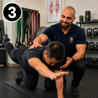 Chiropractic Dr. Vlad Constantinescu showing rehab and exercises after chiropractic adjustment in Invictus Chiropractic in Calgary Alberta