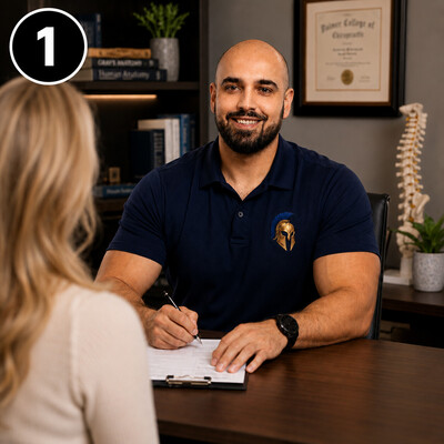 Chiropractic Dr. Vlad Constantinescu taking history at initial visit in Invictus Chiropractic in Calgary Alberta
