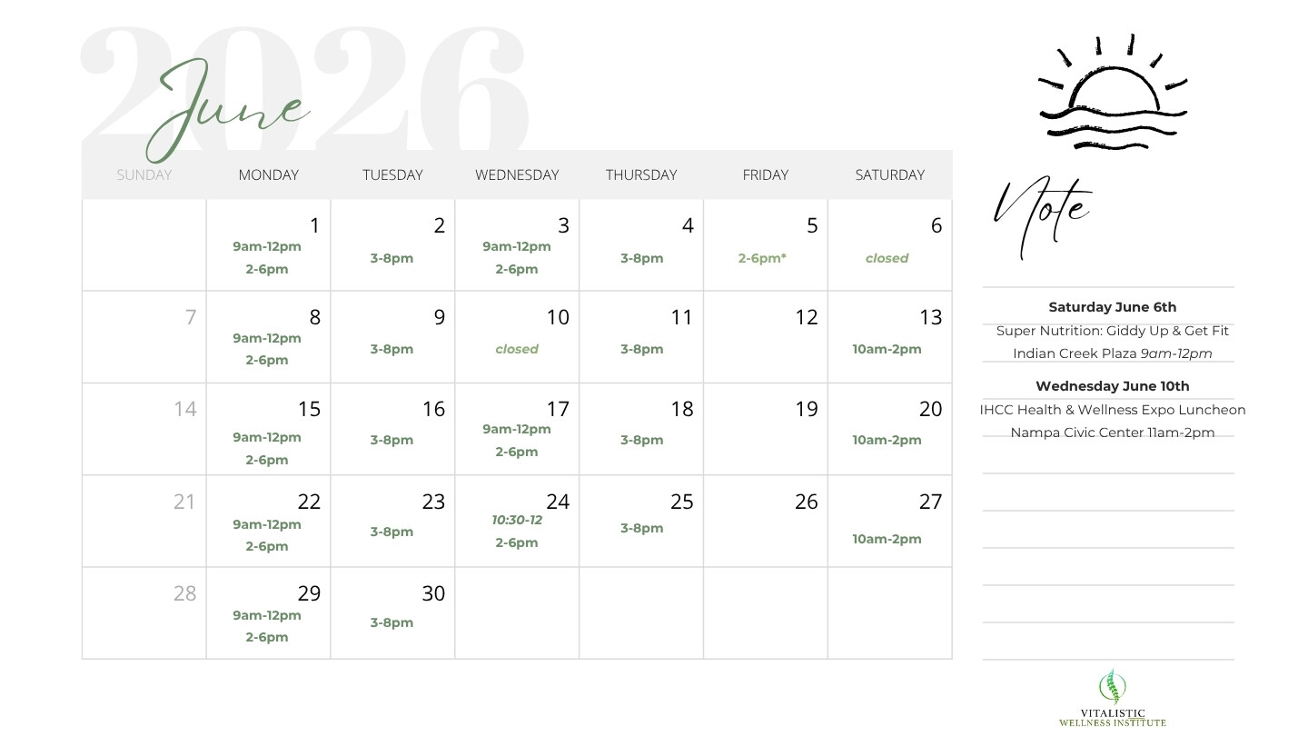 Vitalistic Wellness - July 2026 Calendar