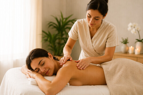 Mother relaxing during a postnatal massage