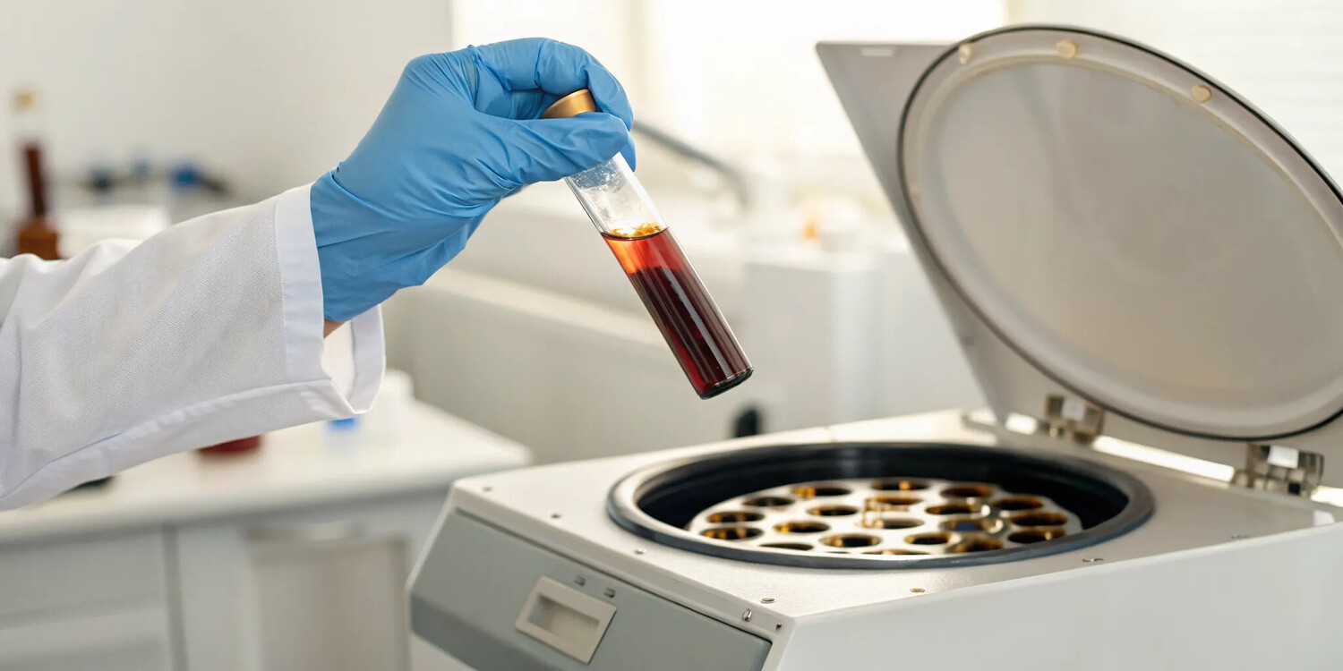 Blood sample in a centrifuge being prepared for autologous PRP vs. umbilical derived therapy.