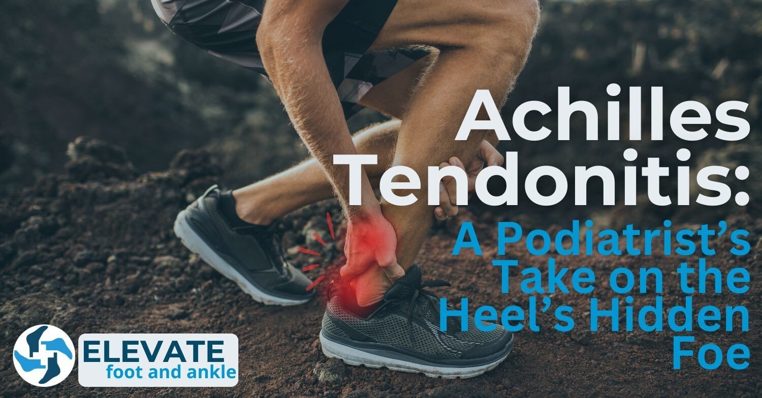 man in running shoes bending down to hold his red Achilles tendon with text