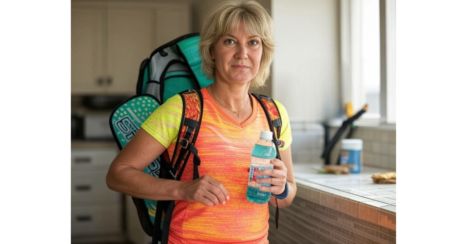 Middle-aged woman in a bright orange and yellow athletic shirt holding a bottle of sports drink in a kitchen, wearing a backpack with a pickleball paddle. Perfect for active lifestyles in Springfield, MO.