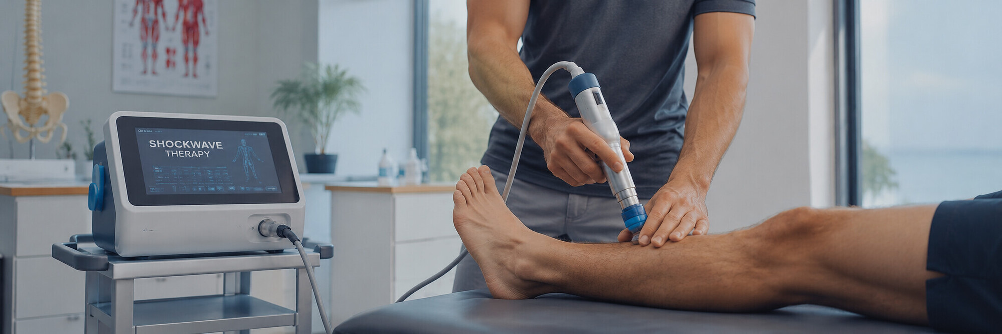 Shockwave therapy applicator used on the heel and plantar fascia for chronic heel pain at Forward Spine Center in Golden Valley, MN