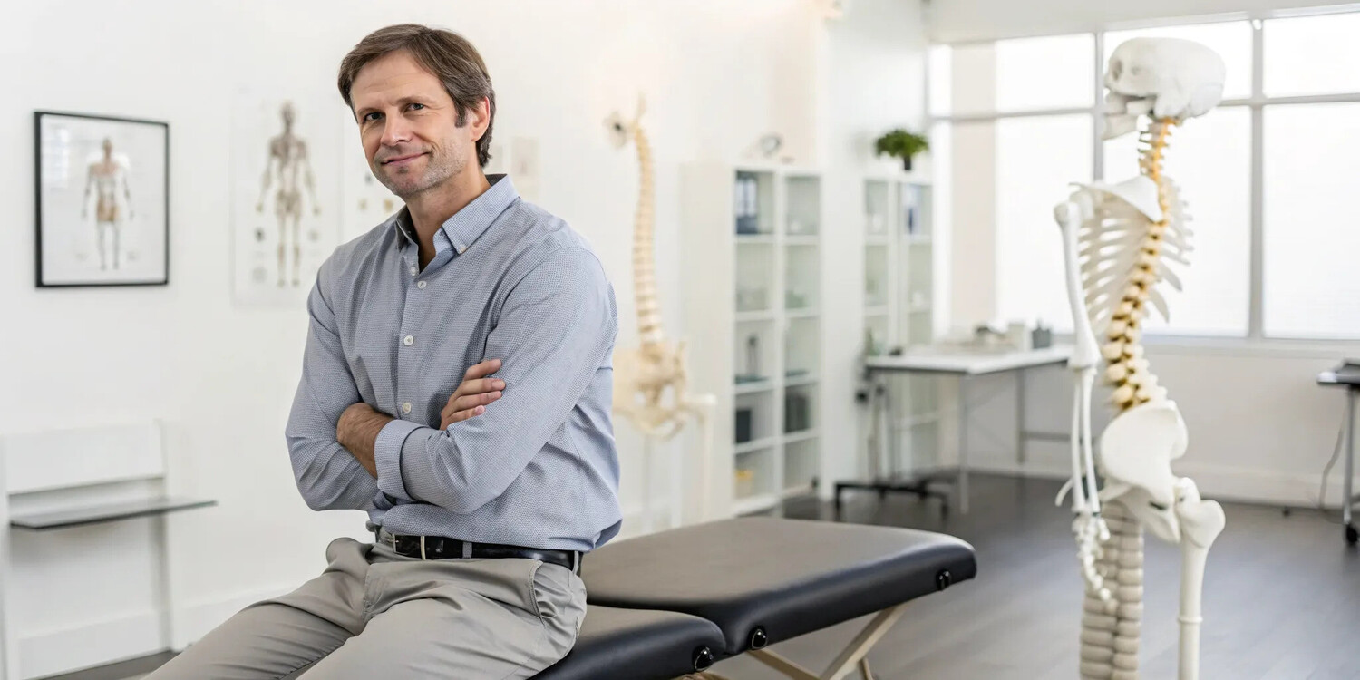 Chiropractor for tech neck demonstrates posture correction with a spine model.
