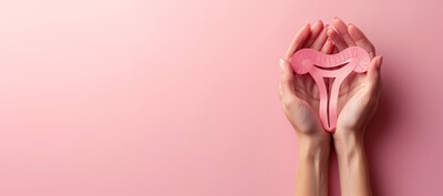 Woman hand holding uterus shape made frome paper on pink background. 