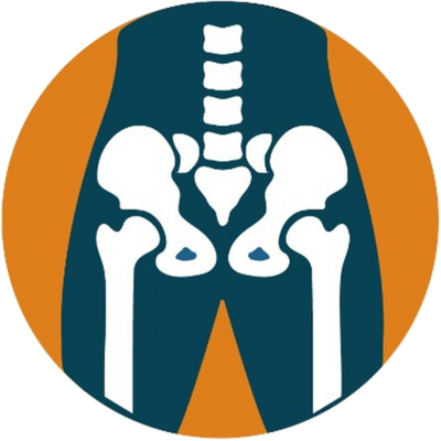 Icon of white pelvis logo surrounded by orange circle