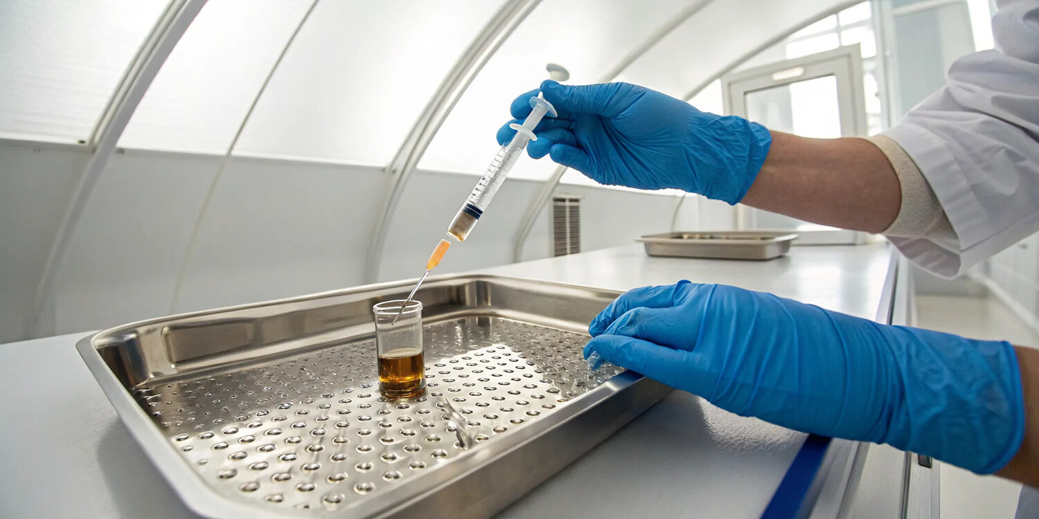 Technician preparing a syringe for autologous platelet therapy.