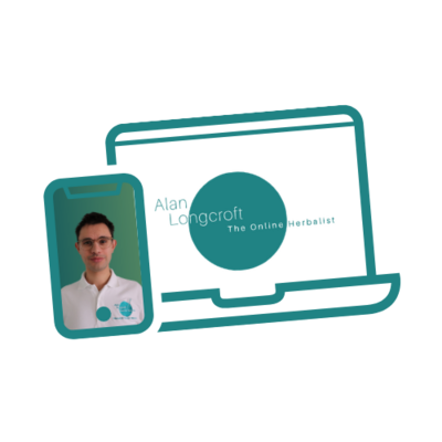 Logo design featuring a teal outline of a laptop containing a circular emblem displaying the text ‘Alan Longcroft – The Online Herbalist.’ A smartphone with a portrait of Alan Longcroft in a white polo shirt is positioned within the laptop outline
