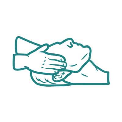 Teal icon of a person’s head gently held by two hands from sideways view, on a transparent background